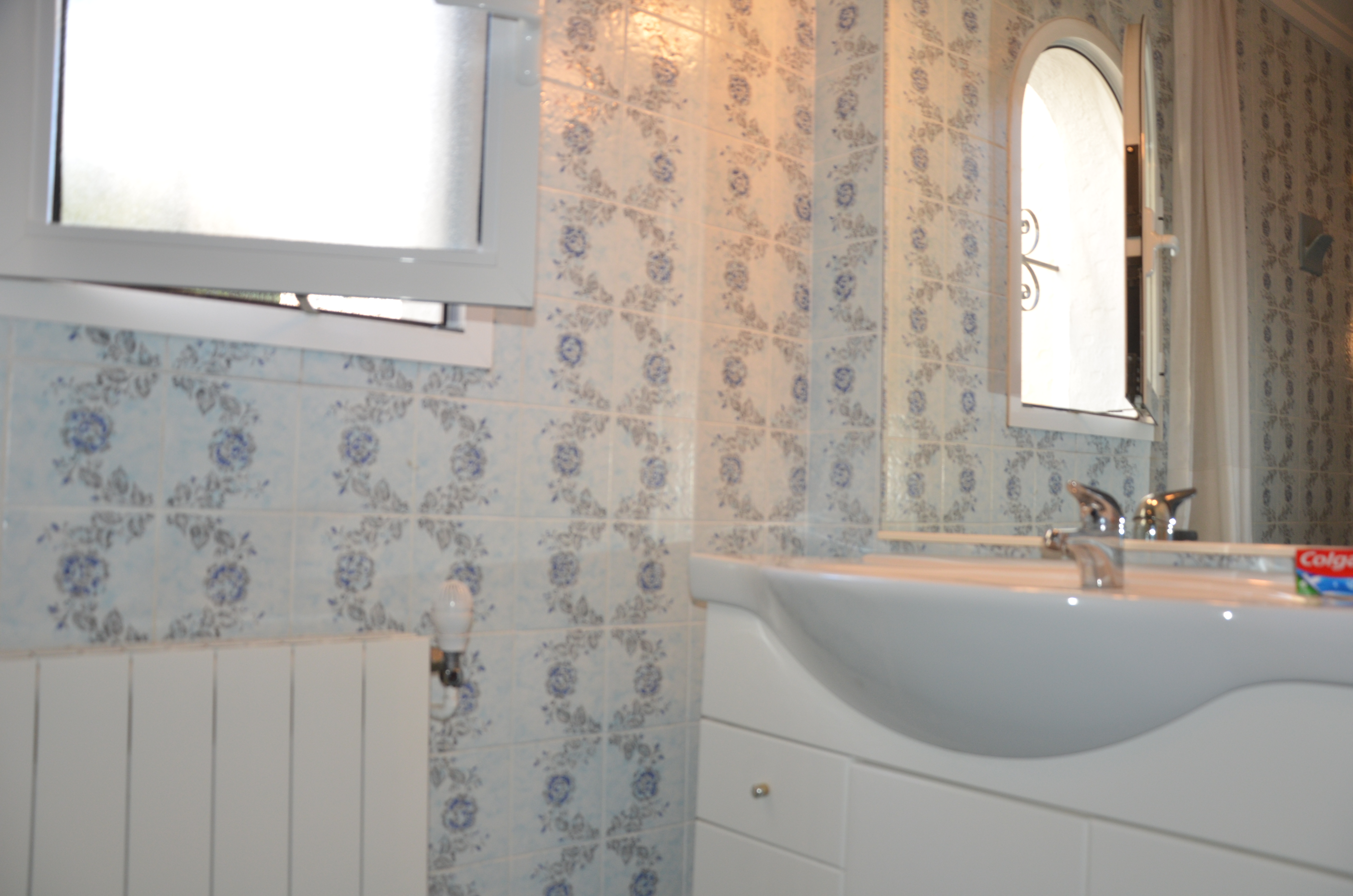 Bathroom detail with sink and arched window
