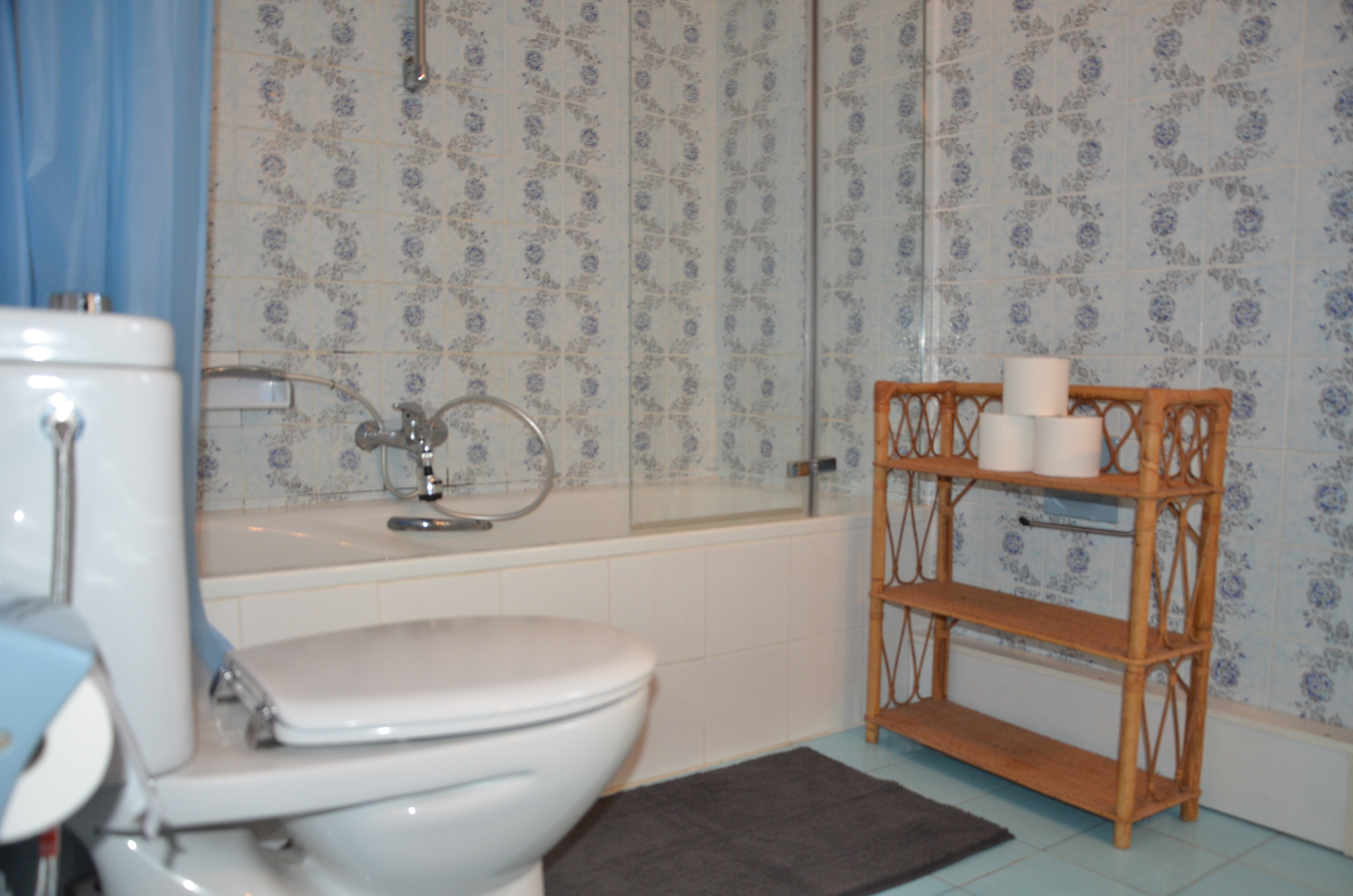 Bathroom with bathtub and blue tiled walls